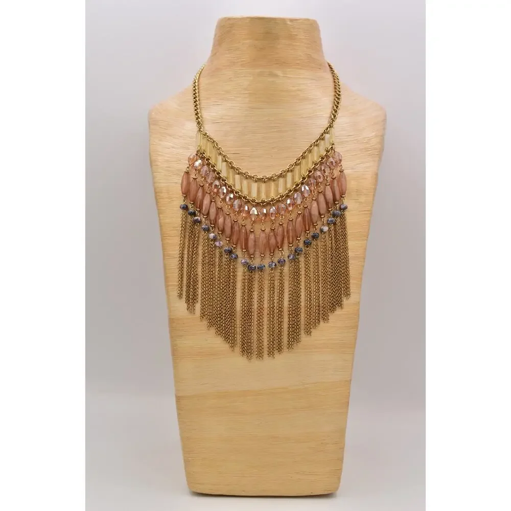 Vintage Fringe Statement Necklace Gold Peach Glass Beads Layered Boho Y2K BinBL